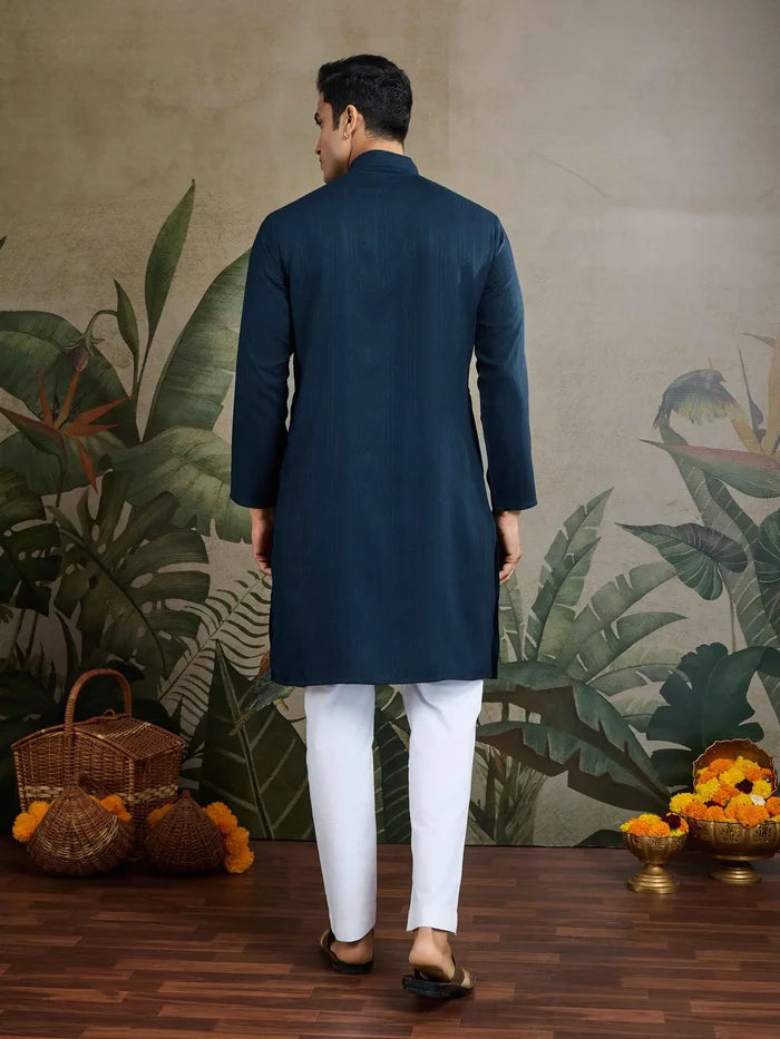 Teal Blue Mirror Work And Zari Work Rayon Kurta With Printed Dupatta & Pant