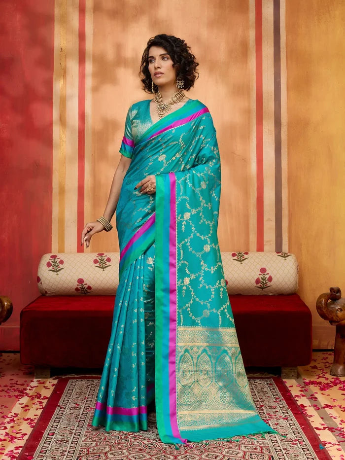 Teal Blue Soft Silk Zari Weaving Saree