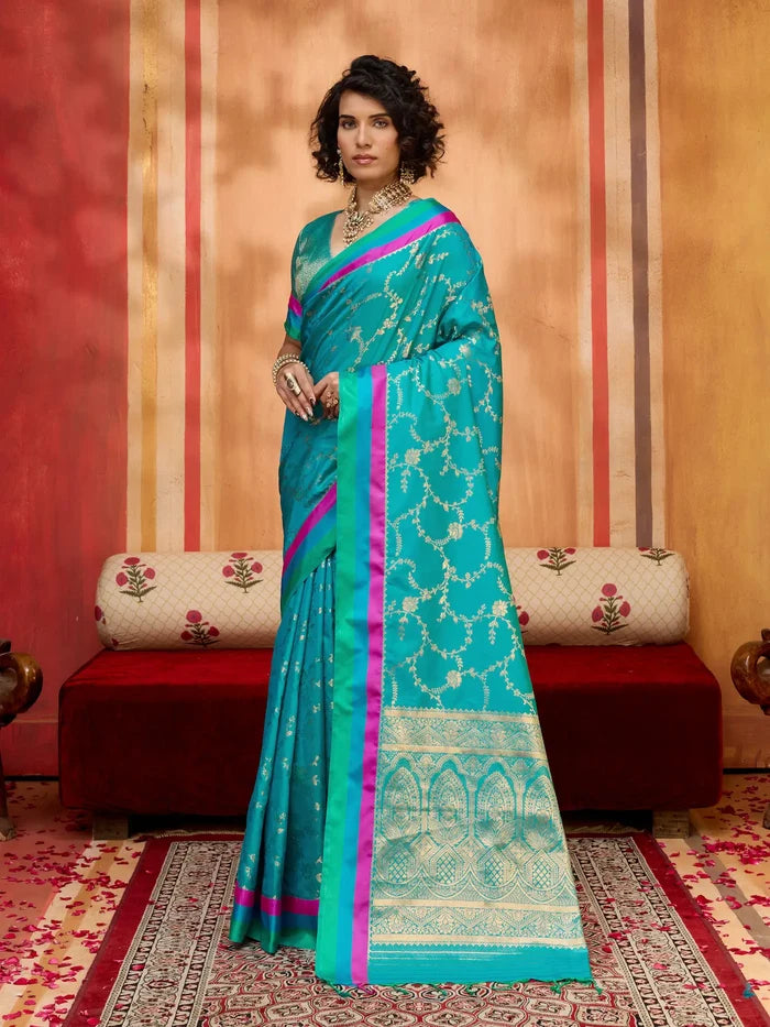 Teal Blue Soft Silk Zari Weaving Saree