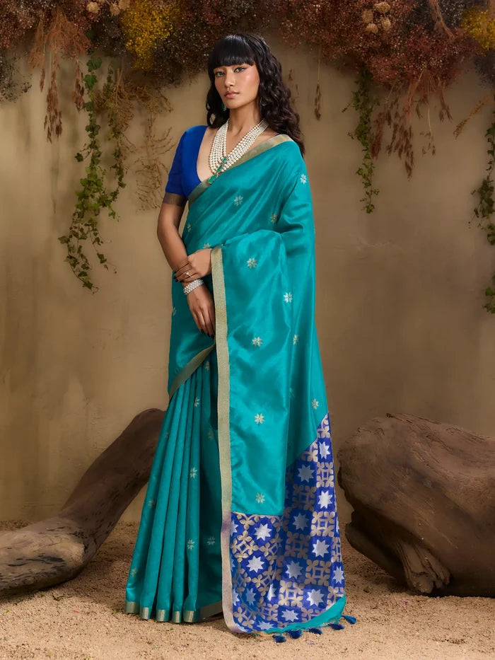 Teal Blue Tussar Silk Zari Weaving Saree