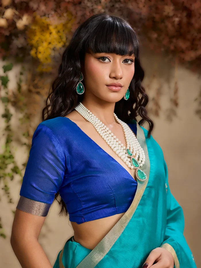 Teal Blue Tussar Silk Zari Weaving Saree