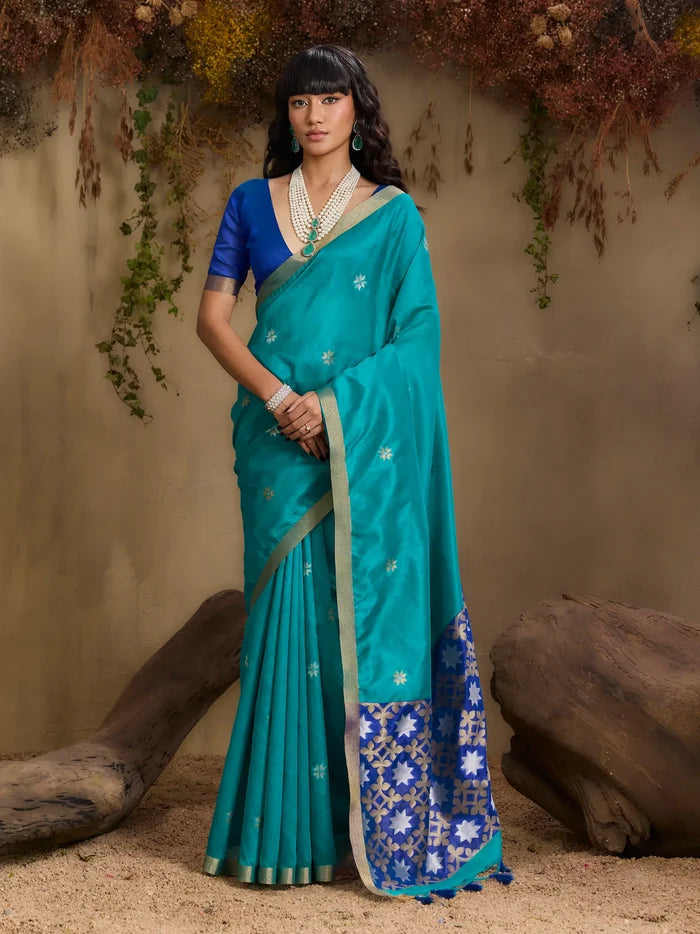 Teal Blue Tussar Silk Zari Weaving Saree