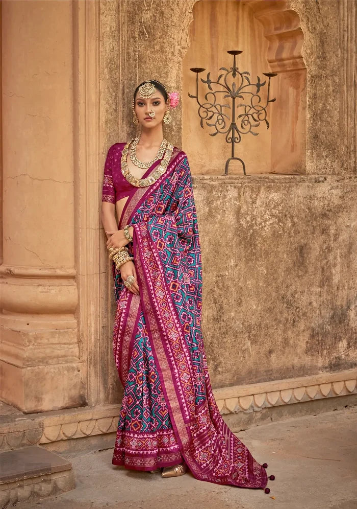 Teal-Dark Fuchsia Silk Patola Saree