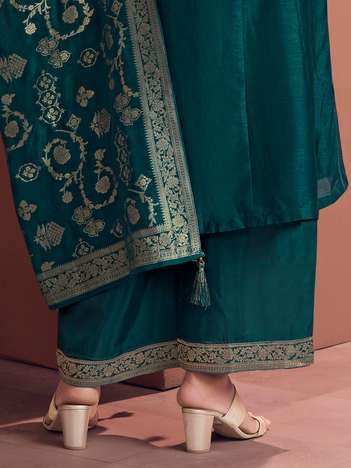 Teal Embroidery A-Line Kurta With Palazzo And Jacquaed Dupatta