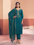 Teal Embroidery With Mina Straight Kurta And Dyed Trousers With Mina Embroidery Dupatta