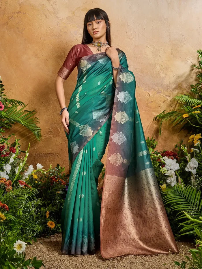 Teal Green Handloom Weaving Silk Saree