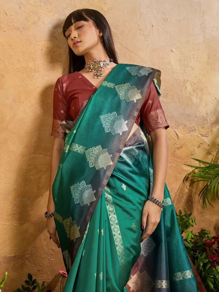 Teal Green Handloom Weaving Silk Saree
