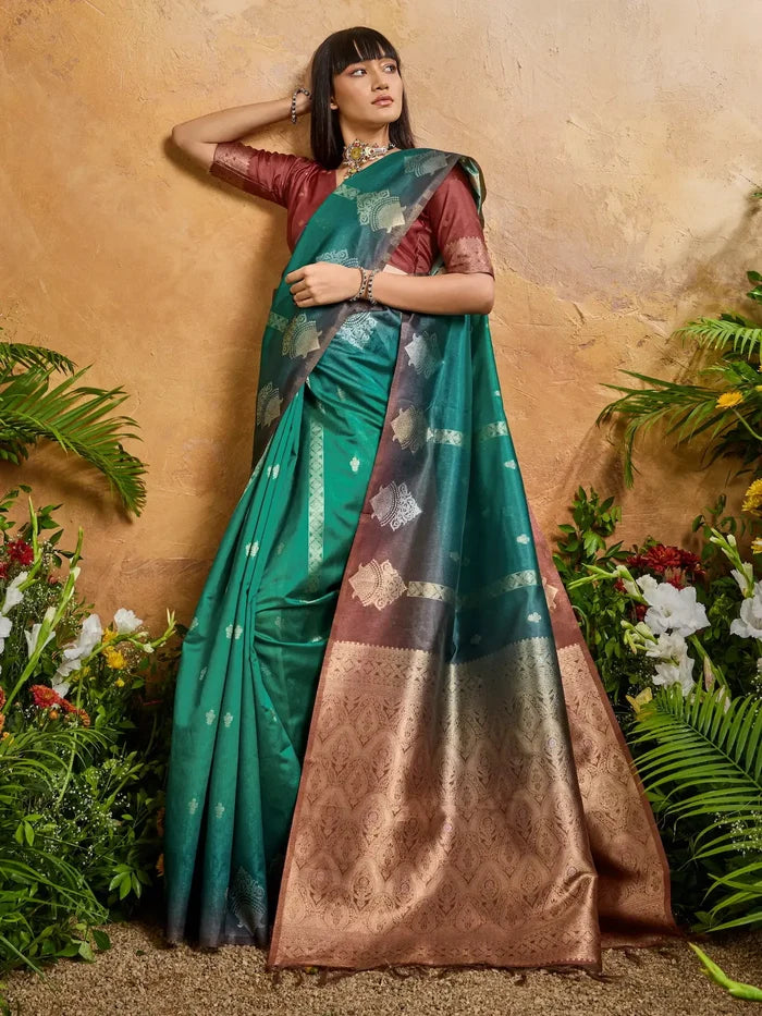 Teal Green Handloom Weaving Silk Saree