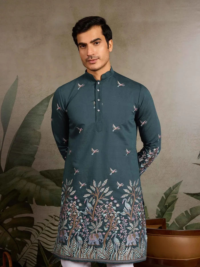 Teal Green Kurta Set With Elephant Embroidery Motifs
