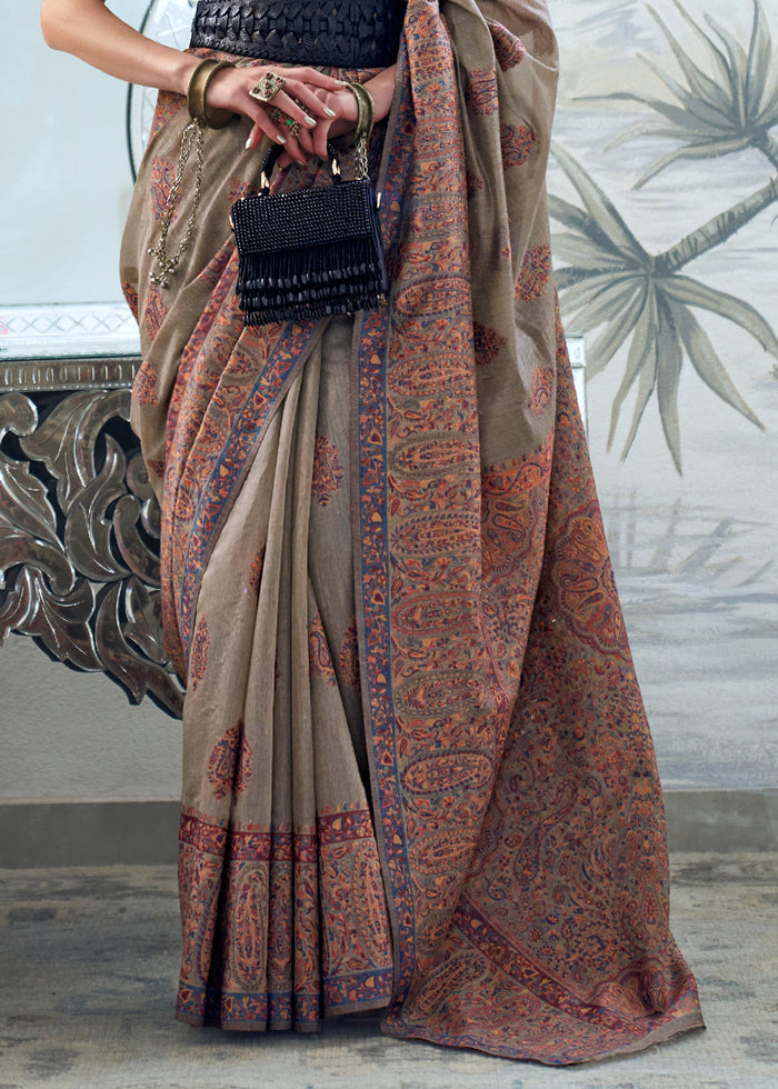 Thunder Grey Kashmiri Handloom Weaving Silk Saree - qivii