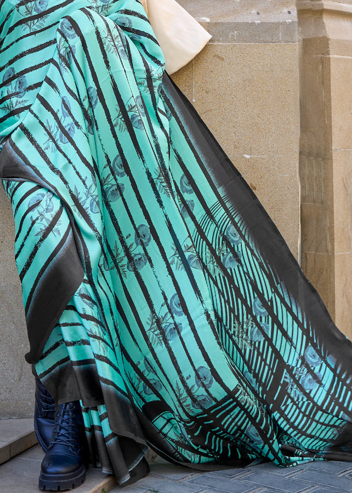 Tiffany Blue Designer Satin Crepe Printed Saree - qivii