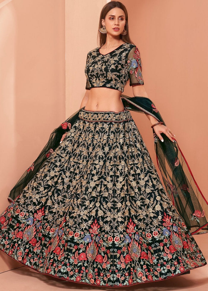 Timber Green Net Lehenga Choli with Thread, Zari & Sequence work: Wedding Edition | Ready To Wear - qivii