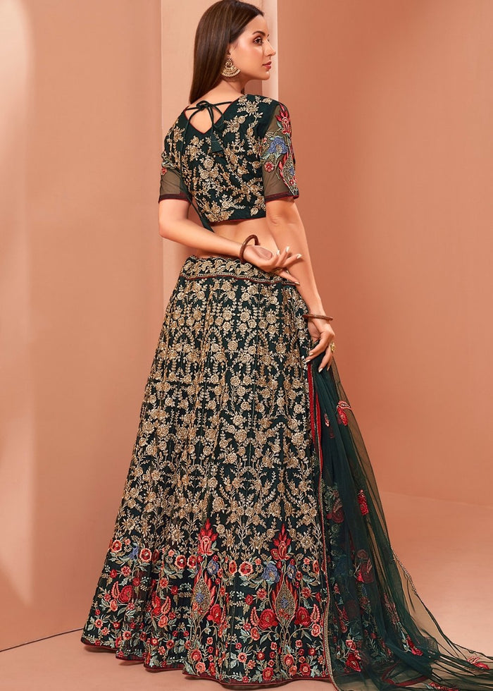 Timber Green Net Lehenga Choli with Thread, Zari & Sequence work: Wedding Edition | Ready To Wear - qivii