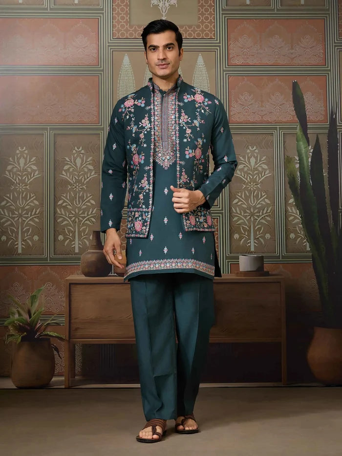 Timber Green Wedding Wear Multi Thread Sequins Embroidery Work  Kurta & Koti