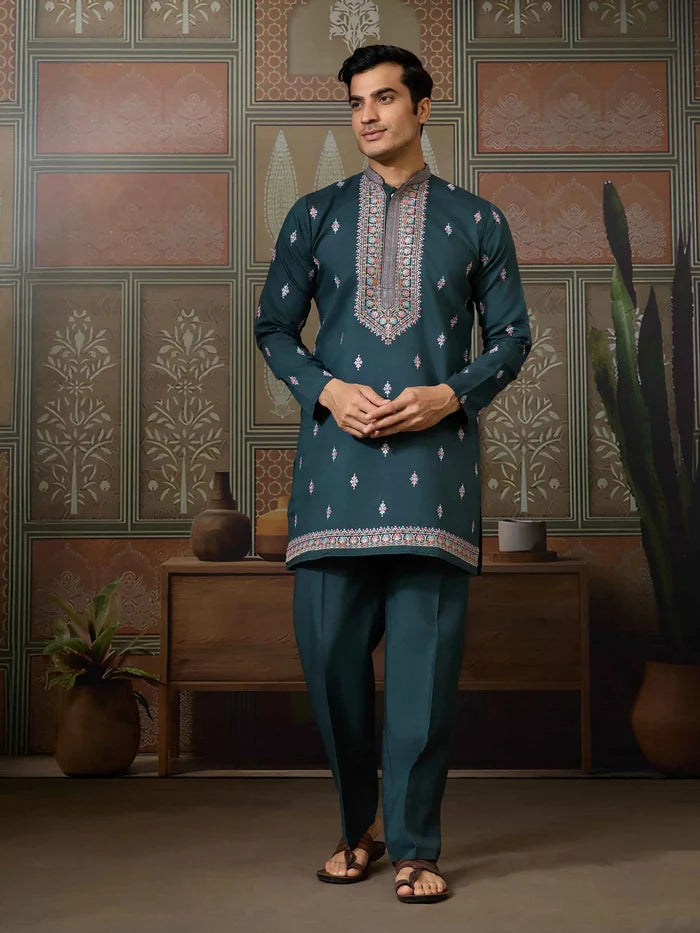 Timber Green Wedding Wear Multi Thread Sequins Embroidery Work  Kurta & Koti