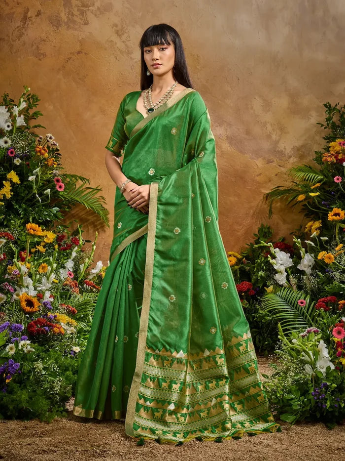 Tropical Green Zari weaving Tussar Silk Saree