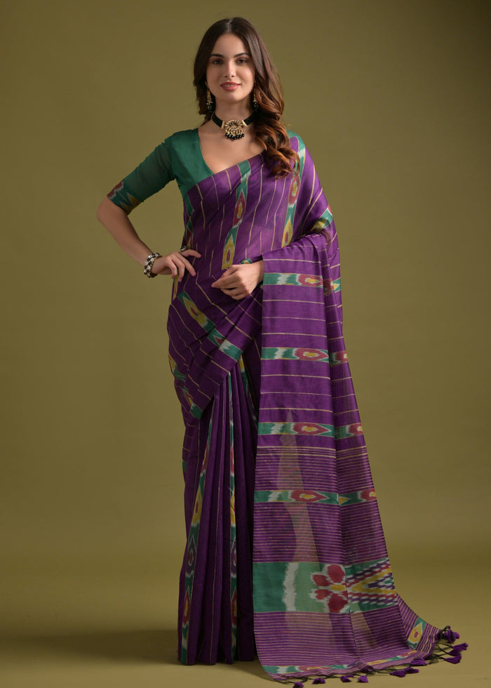 True Purple Soft Ikkat Cotton Printed Saree - qivii