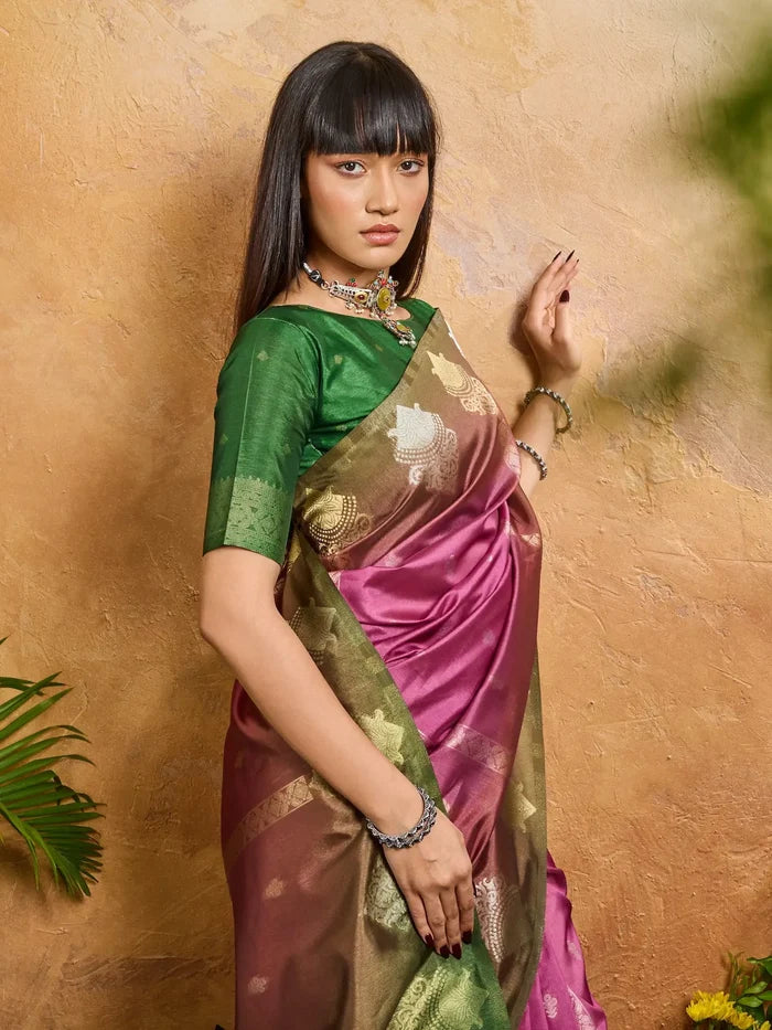 Tulip Pink Handloom Weaving Silk Saree