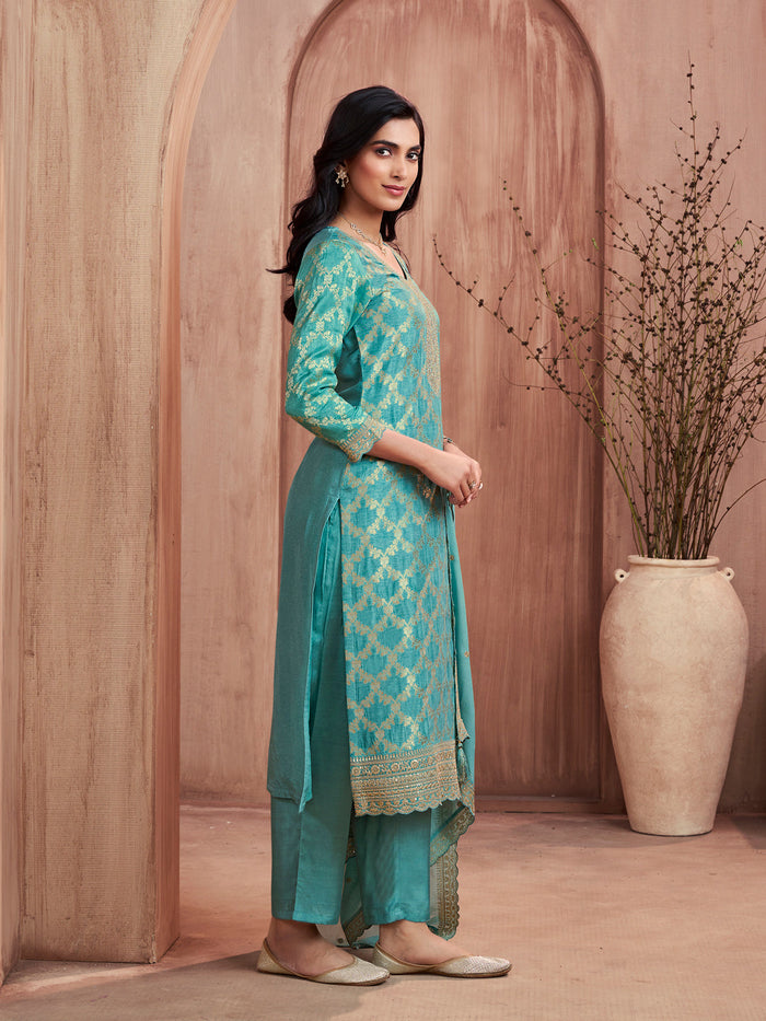 Turquoise-Blue Jacquard Straight Kurta With Dyed Trousers And Embroidery Dupatta