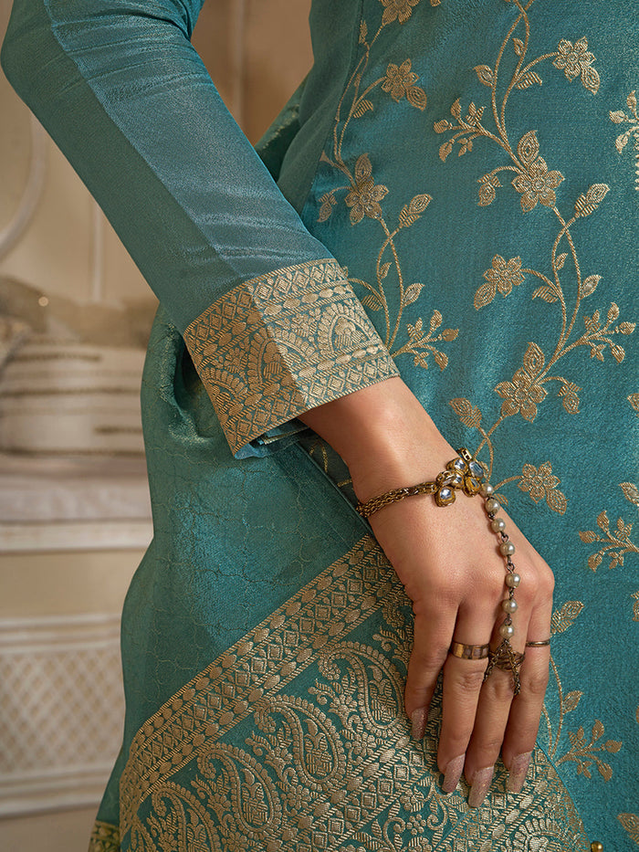 Turquoise Tissue Jacquard Kurta Suit Set with Jaal Pattern and Handcrafted Buttons
