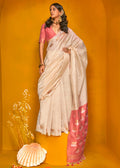 Off-White Tussar Handloom Weaving Silk Saree - qivii