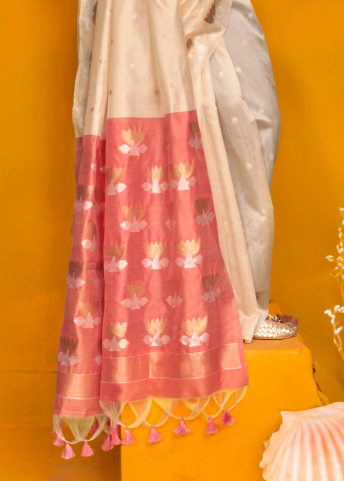 Off-White Tussar Handloom Weaving Silk Saree - qivii