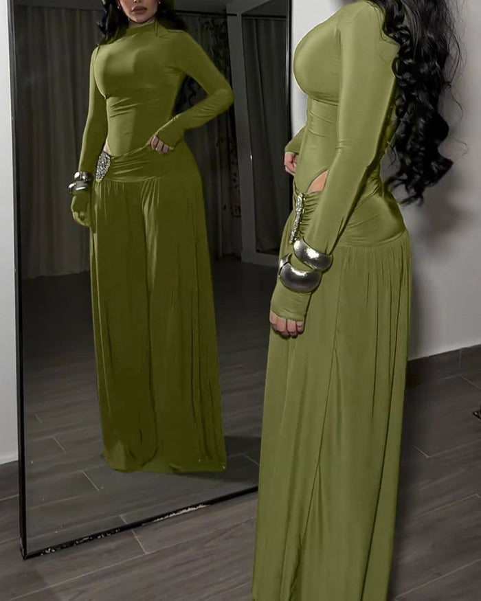 Two-Piece Set Turtleneck Side Cutout Rhinestone Wide Leg Pants  - By Qivii