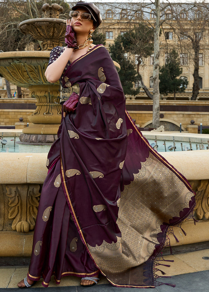 Tyrian Purple Zari Woven Satin Silk Saree - qivii