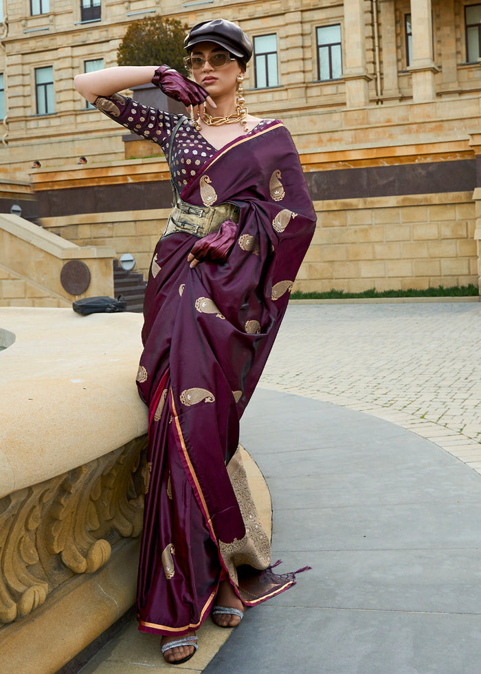 Tyrian Purple Zari Woven Satin Silk Saree - qivii
