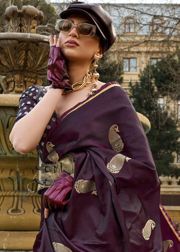 Tyrian Purple Zari Woven Satin Silk Saree - qivii
