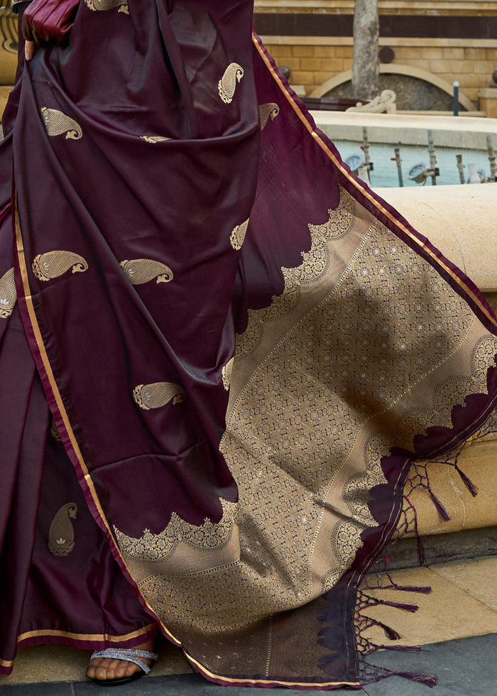 Tyrian Purple Zari Woven Satin Silk Saree - qivii