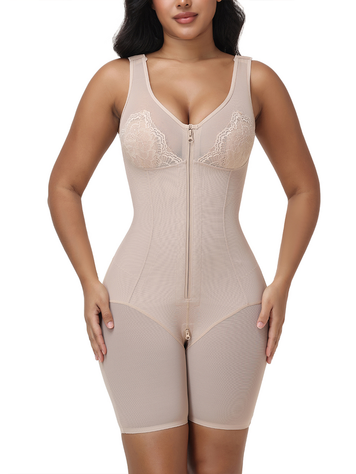 V Neck Lace Mesh Panel  Mid Thigh Tummy Control Bodysuit Zipper Shapewear  - By Qivii