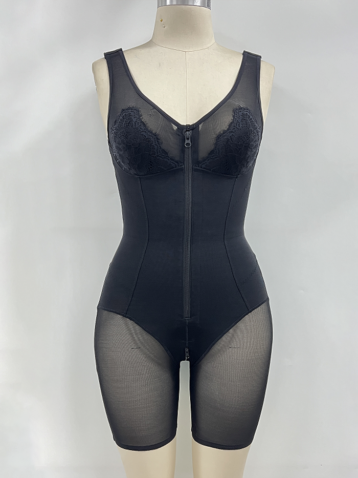 V Neck Lace Mesh Panel  Mid Thigh Tummy Control Bodysuit Zipper Shapewear  - By Qivii
