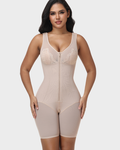 V Neck Lace Mesh Panel  Mid Thigh Tummy Control Bodysuit Zipper Shapewear  - By Qivii