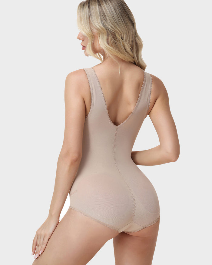 V Neck Lace Trim Sleeveless Bodysuit Tummy Control Butt Lifting Shaper  - By Qivii