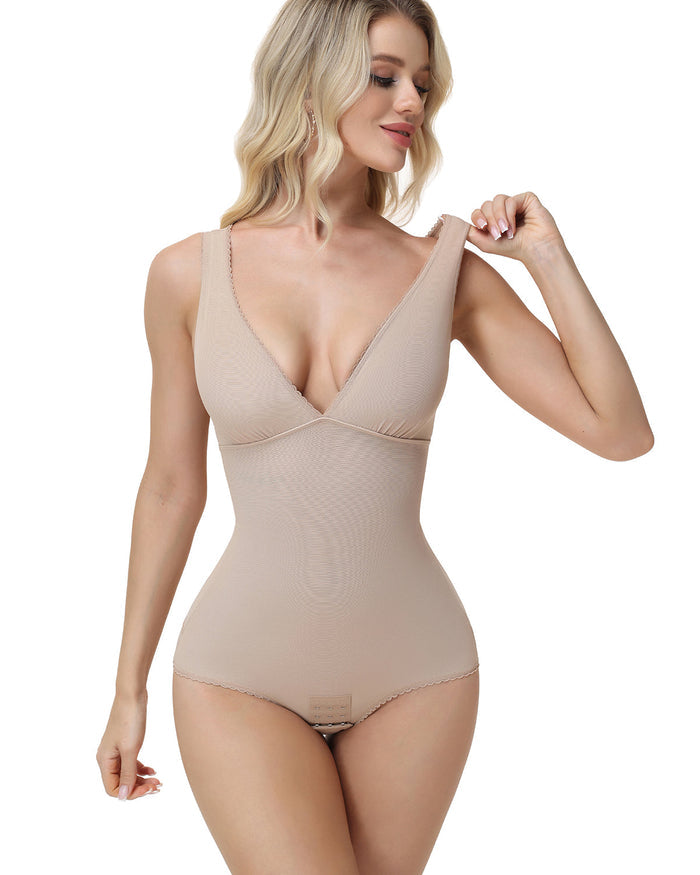 V Neck Lace Trim Sleeveless Bodysuit Tummy Control Butt Lifting Shaper  - By Qivii