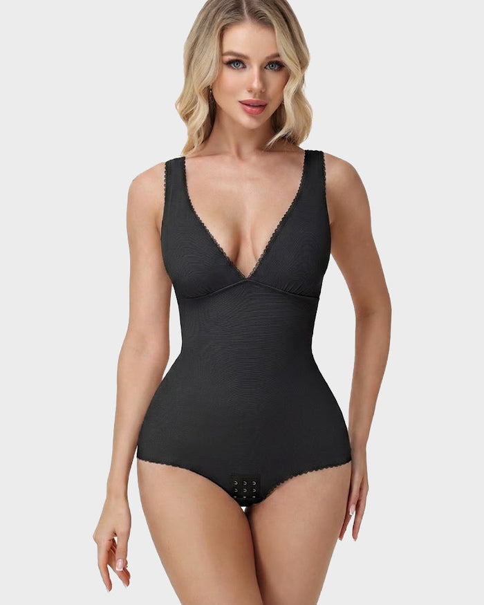 V Neck Lace Trim Sleeveless Bodysuit Tummy Control Butt Lifting Shaper  - By Qivii
