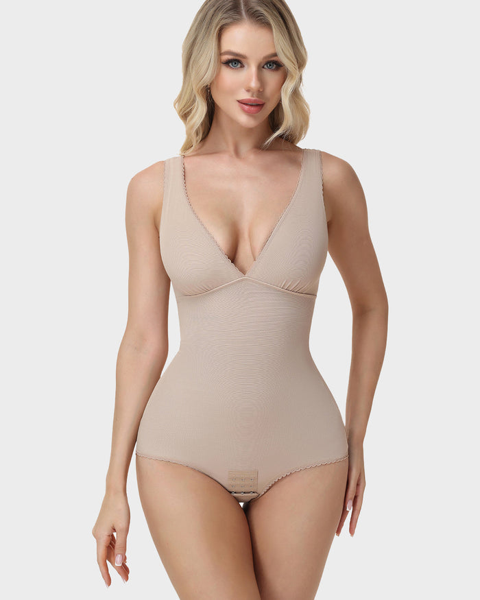V Neck Lace Trim Sleeveless Bodysuit Tummy Control Butt Lifting Shaper  - By Qivii