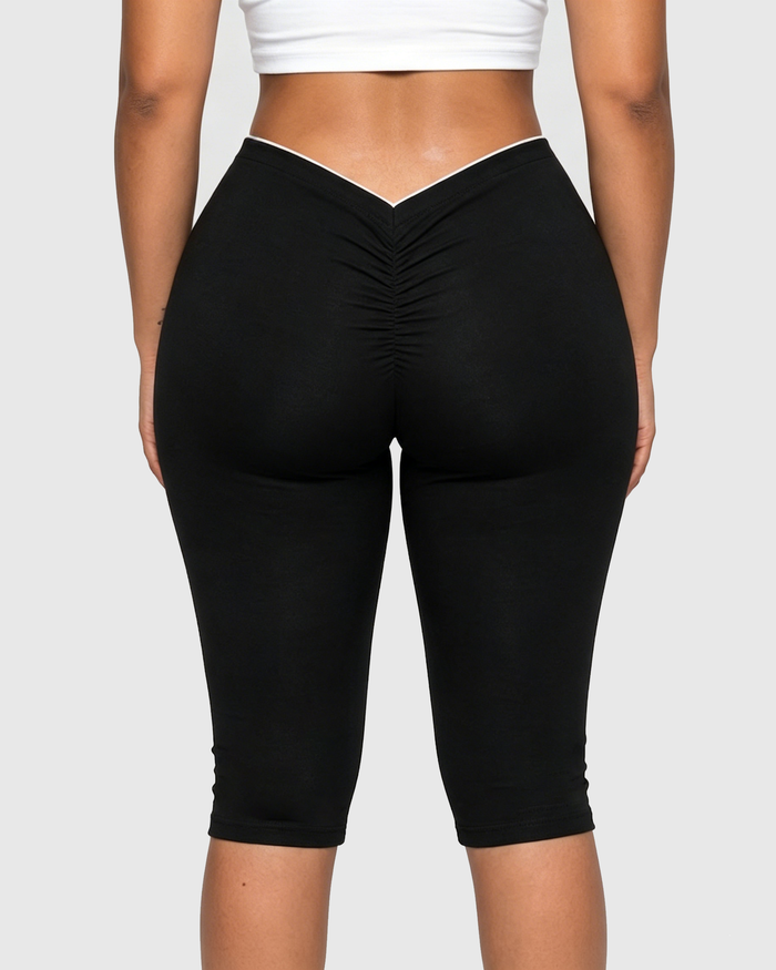 V Ruched Back High Waist Butt Lifting Capri Leggings  - By Qivii