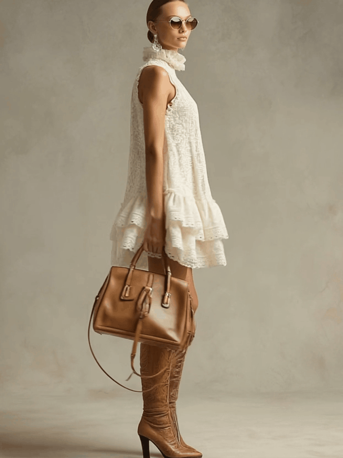 Vacation Retro Beige Lace Sleeveless Ruffled Mini Dress  - By Qivii