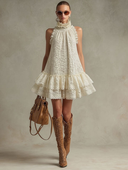 Vacation Retro Beige Lace Sleeveless Ruffled Mini Dress  - By Qivii