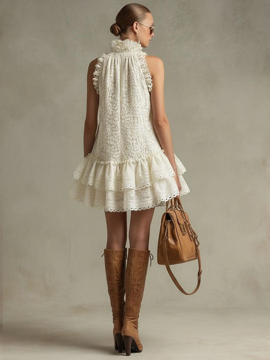 Vacation Retro Beige Lace Sleeveless Ruffled Mini Dress  - By Qivii