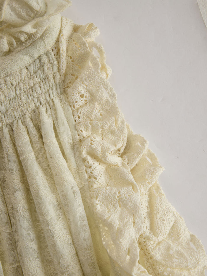 Vacation Retro Beige Lace Sleeveless Ruffled Mini Dress  - By Qivii