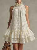 Vacation Retro Beige Lace Sleeveless Ruffled Mini Dress  - By Qivii