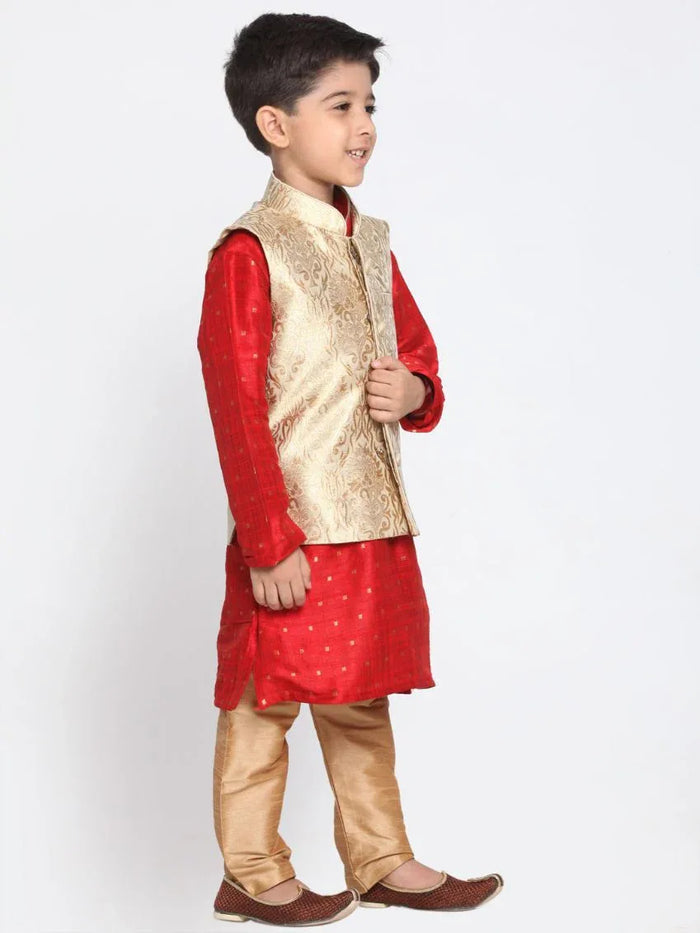 VASTRAMAY Boys Gold Cotton Silk Blend Kurta, Waistcoat and Pyjama Set