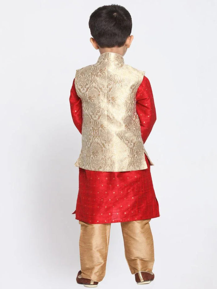 VASTRAMAY Boys Gold Cotton Silk Blend Kurta, Waistcoat and Pyjama Set