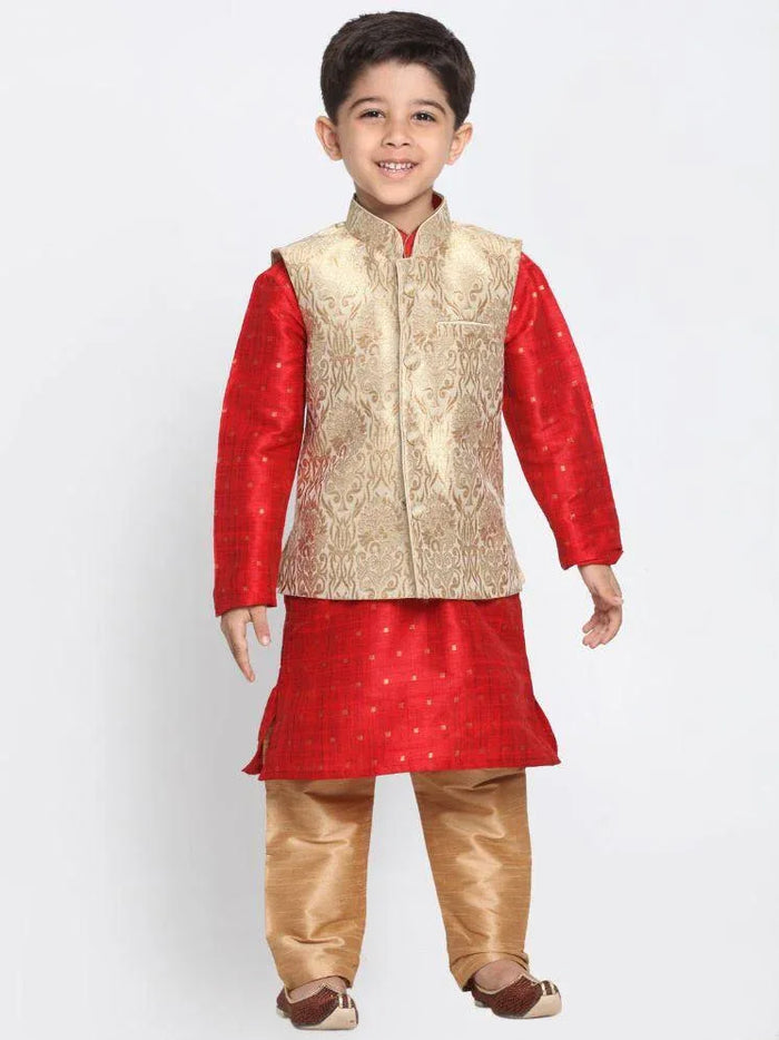 VASTRAMAY Boys Gold Cotton Silk Blend Kurta, Waistcoat and Pyjama Set