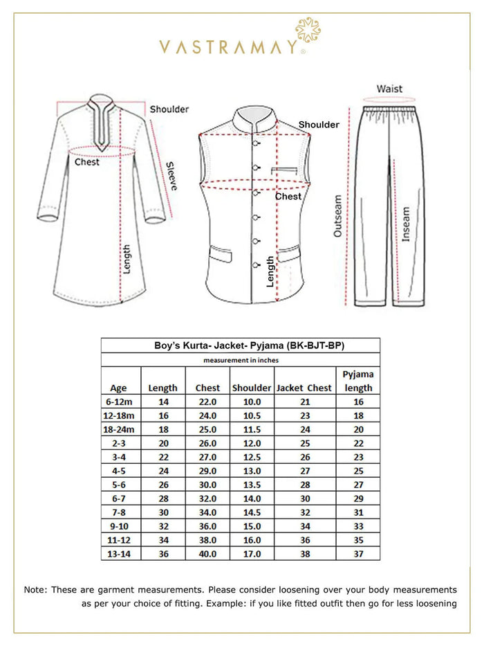 VASTRAMAY Boys Gold Cotton Silk Blend Kurta, Waistcoat and Pyjama Set