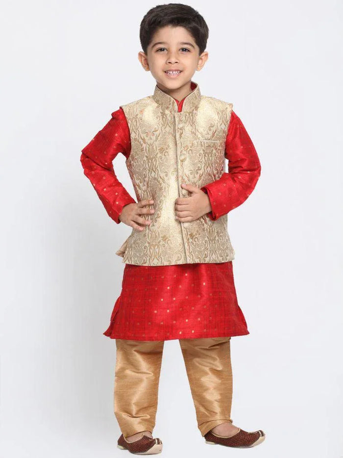 VASTRAMAY Boys Gold Cotton Silk Blend Kurta, Waistcoat and Pyjama Set