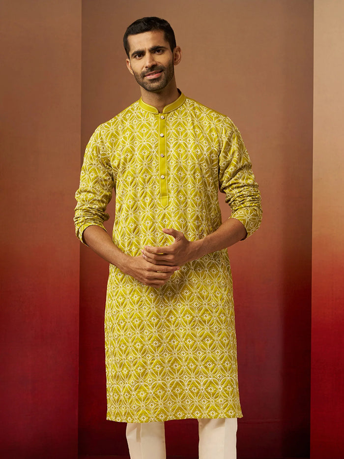 Vastramay Men Green Linen Silk Thread Embroidered Kurta